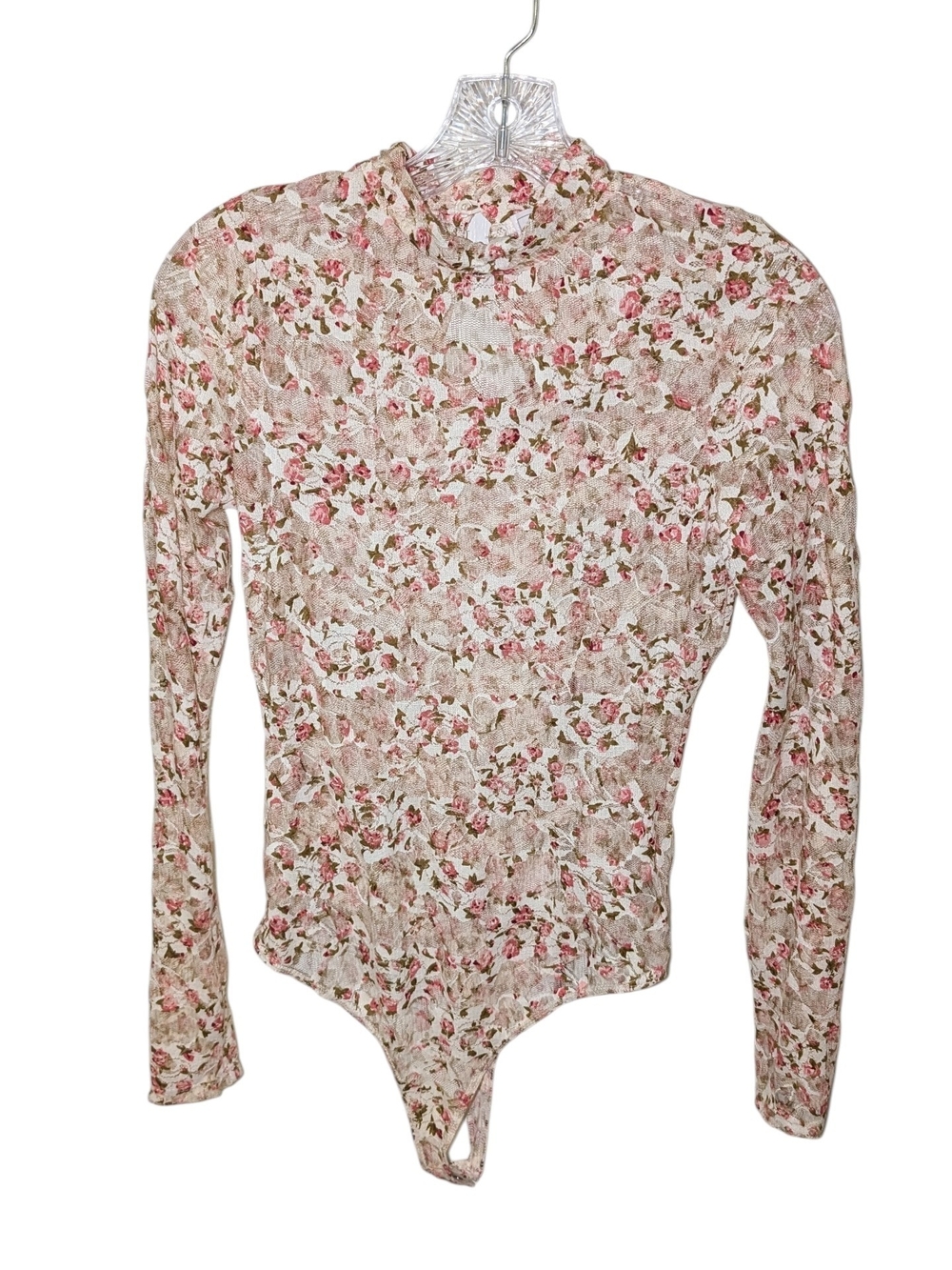 Sage The Label Floral Long Sleeve Mock Neck Bodysuit in Cream Romantic Coquette